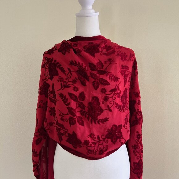 Unbranded Scarf Floral Velvet Burnout Rectangle Rich Red on Red Whimsygoth - Picture 1 of 7